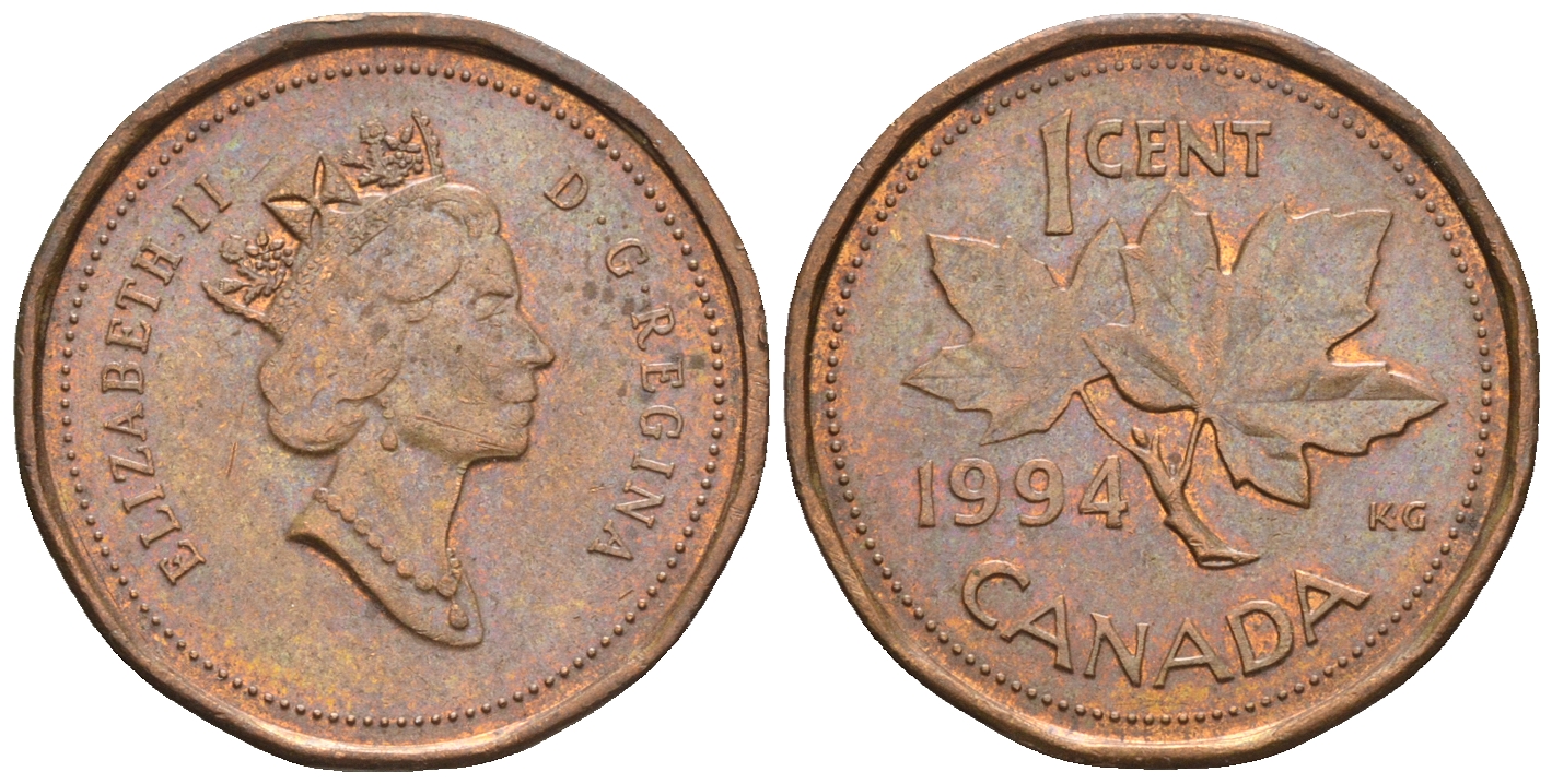 Канада 1 цент 1994 Елизавета II (1952-2022), кленовый лист KM 181 бронза 4609-245