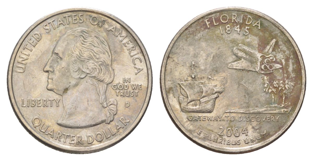 США 25 центов (квотер, 1/4 доллара) 2004 D, Квотер штата Флорида KM 356 медь плакированный медно-никелем 4628-1253