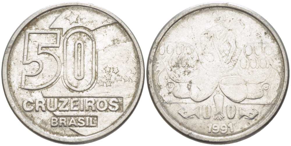 Бразилия 50 крузейро 1991 KM 620.2 нержавеющая сталь 4364-1743