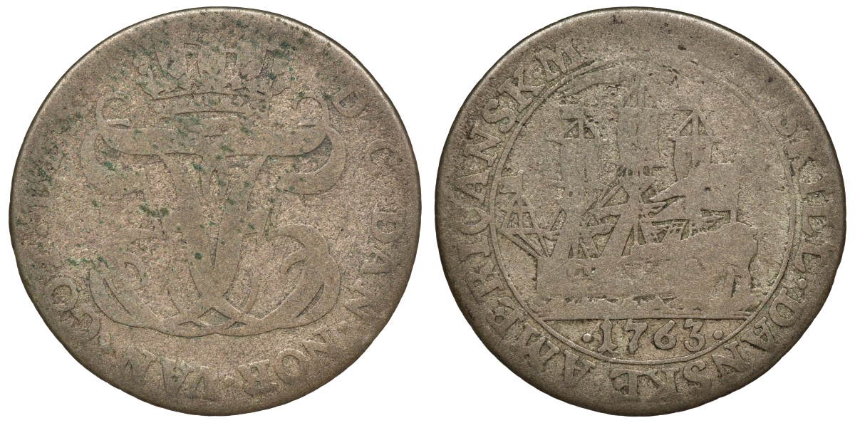 ДАТСКАЯ ВЕСТИНДИЯ 12 СКИЛЛИНГОВ 1763 KM 6.2 серебро 02-205-12