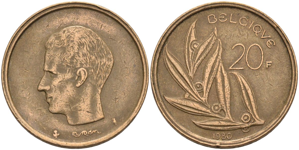Бельгия 20 франков 1980 Belgique, Бодуэн I (1951-1993) KM 159 никель бронза 4126-214