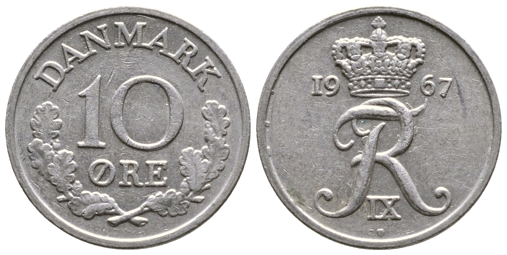 Дания 10 эре 1967 C; S, Фредерик IX (1947-1972) KM 849.1 медно-никель 26-922