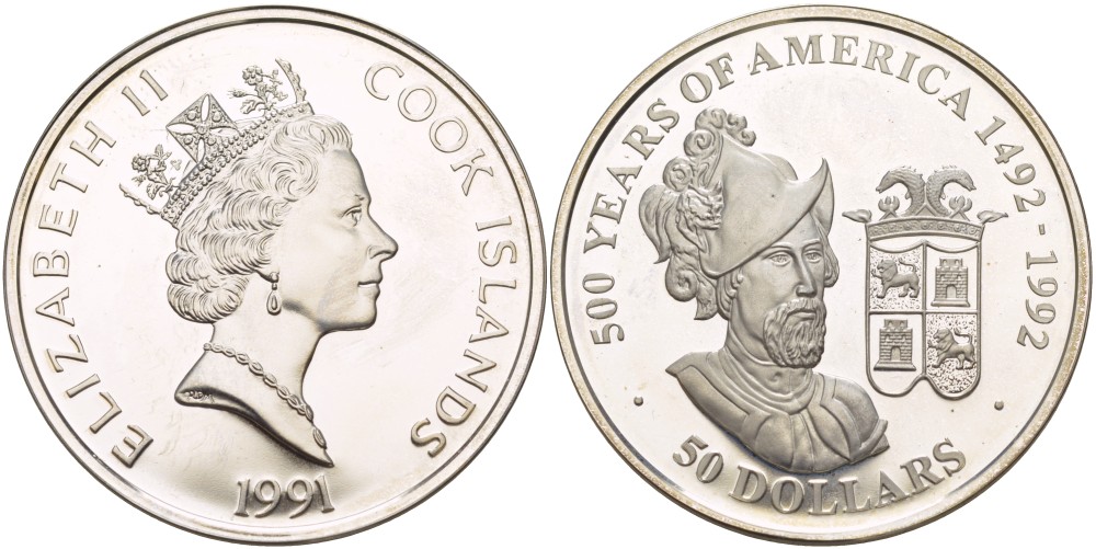Острова Кука 50 долларов 1991 500 ЛЕТ ОТКРЫТИЮ АМЕРИКИ, ФРАНСИСКО ПИСАРРО, ВЕС 31,1035 ГР. KM 189 серебро PROOF 1088-1-42