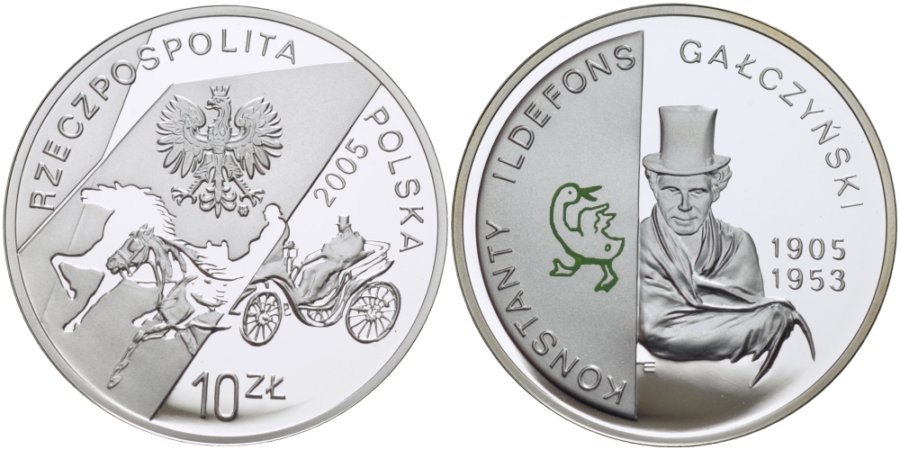 Польша 10 злотых 2005 MW, Константы Ильдефонс Галчиньский, поэт, гусь, цветная эмаль KM 537 серебро PROOF 1074-8-31