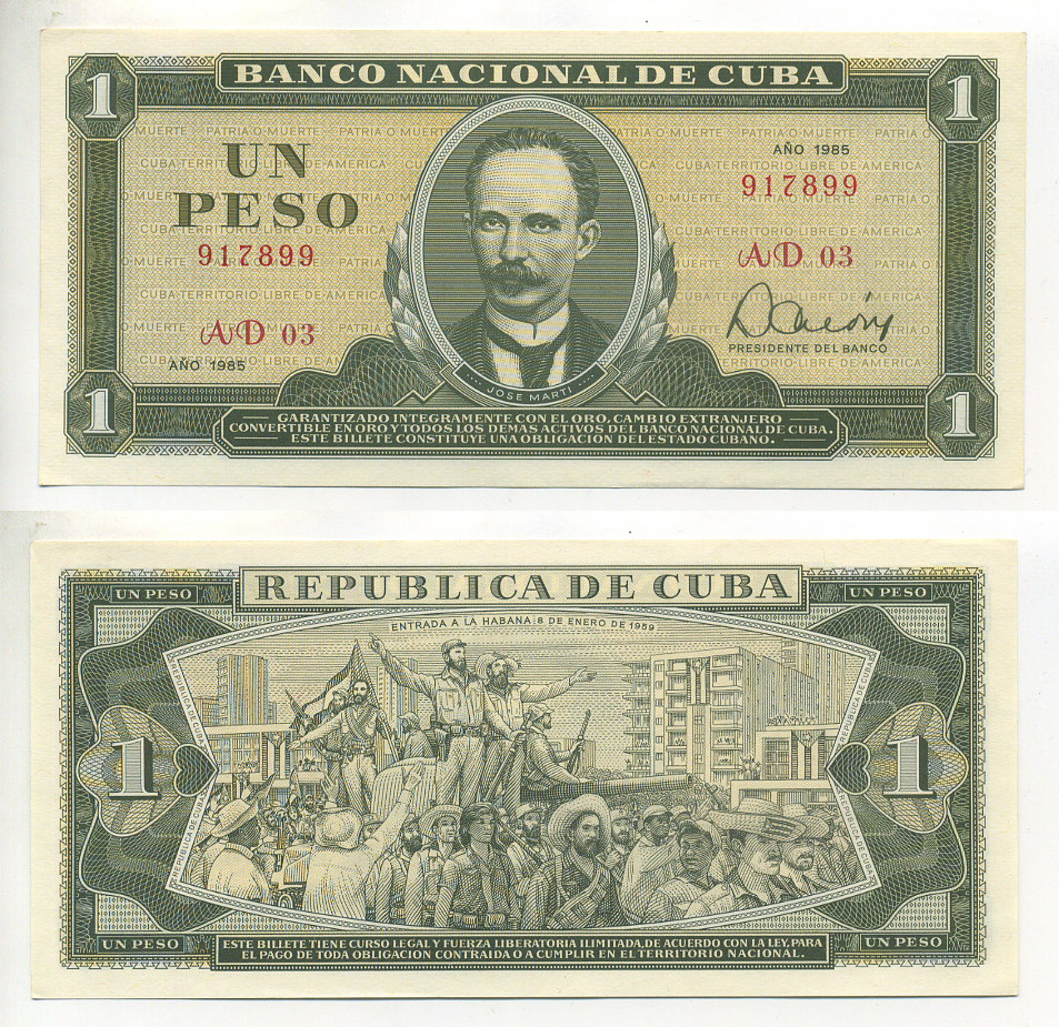 КУБА 1 ПЕСО 1985 ХОСЕ МАРТИ, ФИДЕЛЬ КАСТРО, ВЗЯТИЕ ГАВАНЫ 8 ЯНВАРЯ 1959 Pick 102b бумага UNC (ПРЕСС) 6299-39-4