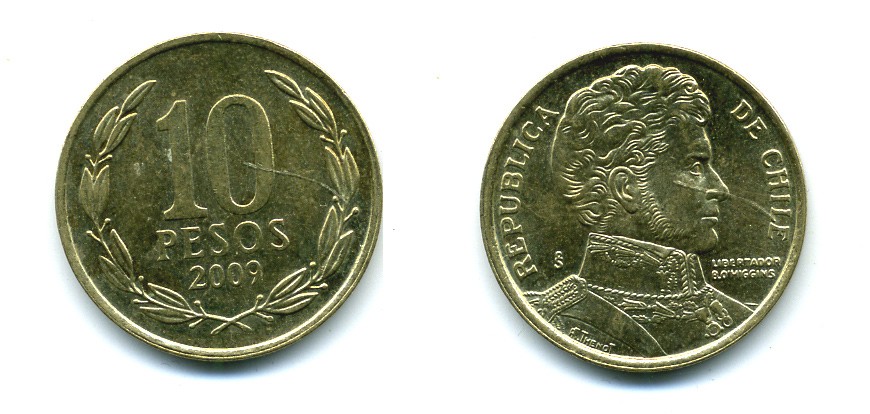 ЧИЛИ 10 ПЕСО 2009 ГЕНЕРАЛ БЕРНАРДО О ХИГГИНС KM 228.2 никель-бронза 37-746