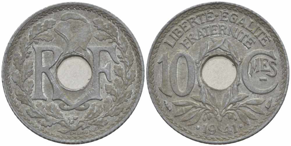 ФРАНЦИЯ 10 САНТИМОВ 1941 ТИП ЛИНДАЙЁ .1941. KM 897, LE FRANC 140.3 цинк 4401-432