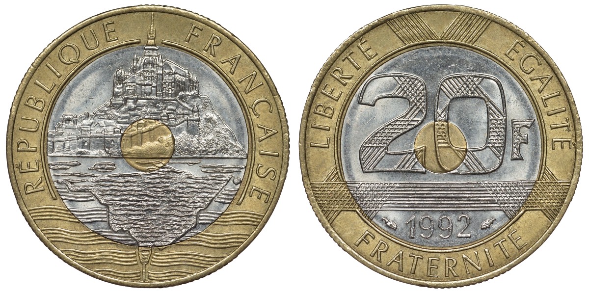 Франция 20 франков 1992 Мон-Сен-Мишель KM 1008.2, Le Franc 403.3 триметалл 4123-644