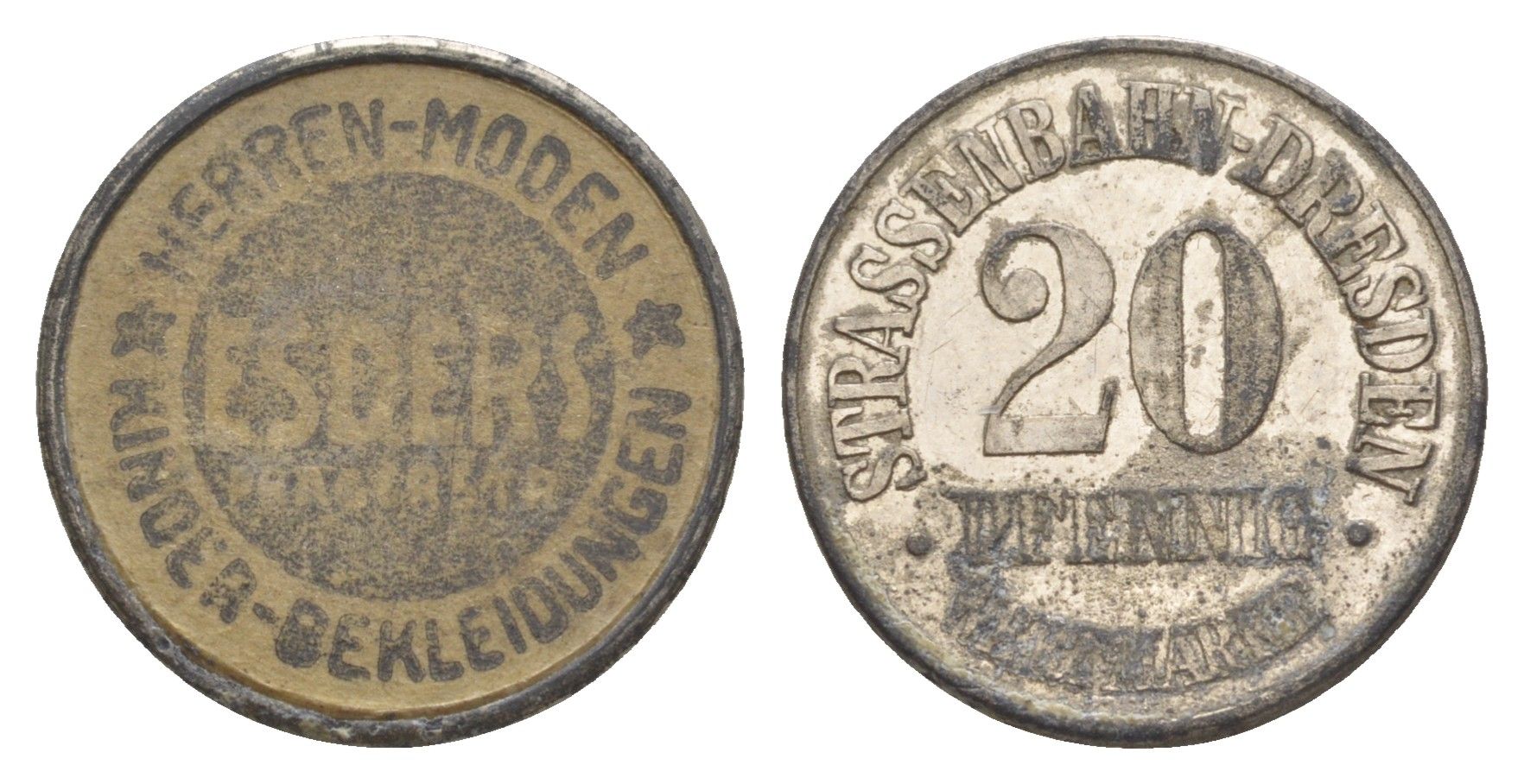 Дрезден трамвайный (транспортный) жетон в 20 пфеннигов ND Esders Men05 5719.4, Men18 7136.4 цинк и картон 1527-512