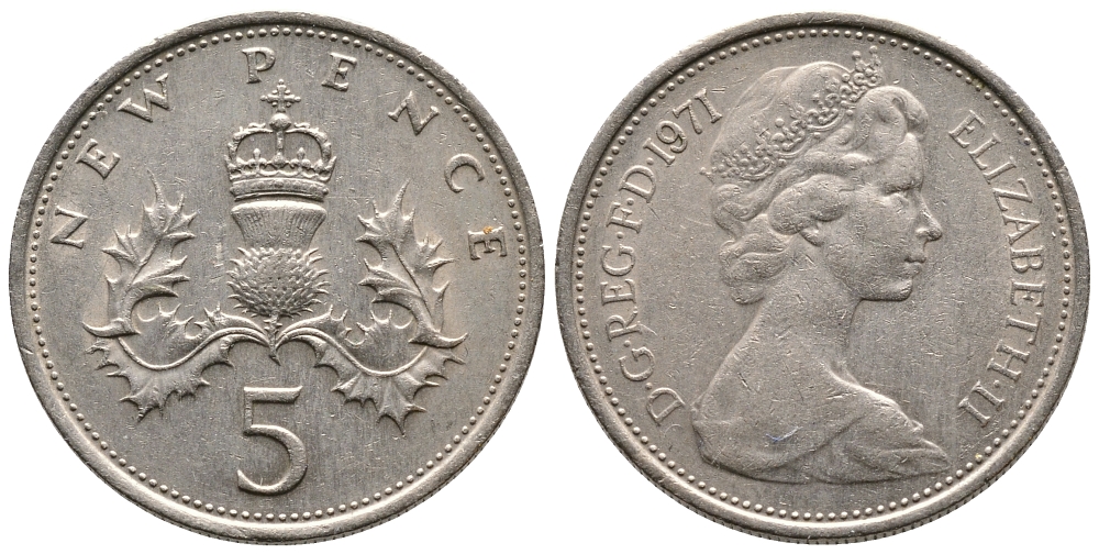 Великобритания 5 пенсов 1971 Елизавета II (1952-2022) KM 911, Spink 4233 (D1) медно-никель 87-823