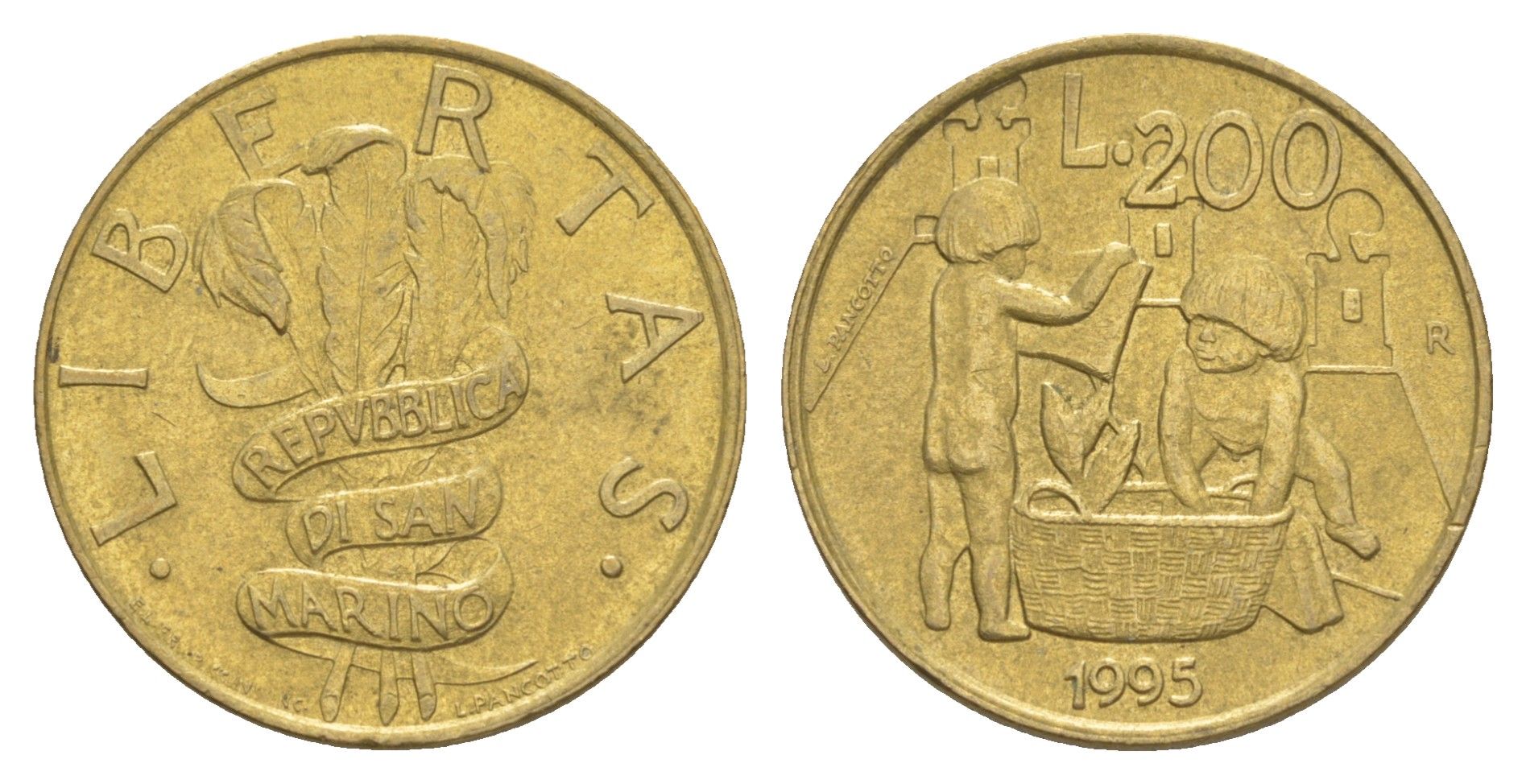 Сан-Марино 200 лир 1995 KM 329 алюминиевая бронза UNC 4648-317