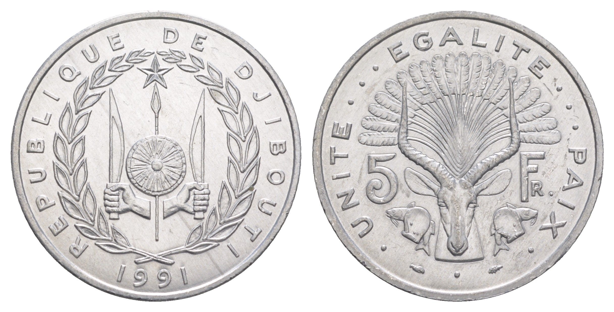 Джибути 5 франков 1991 KM 22 алюминий UNC 4653-316