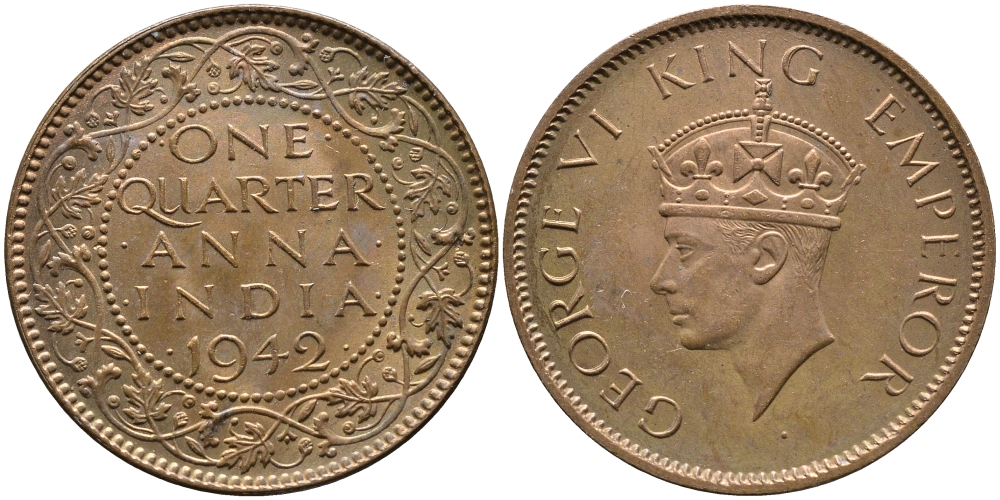 Британская Индия 1/4 анна 1942 Георг VI (1937-1952) KM 531 бронза aUNC 3999-157