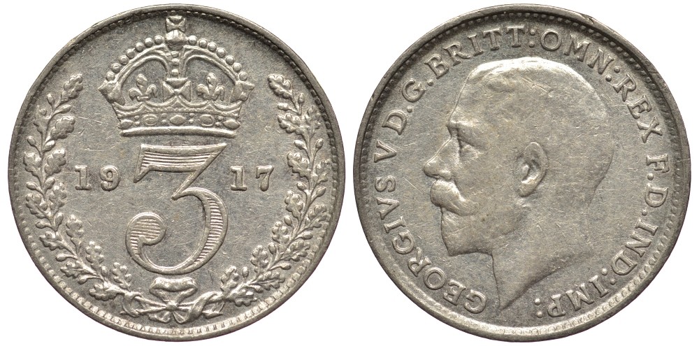 Великобритания 3 пенса 1917 Георг V (1910-1936) KM 813, Spink 4015 серебро 4528-453