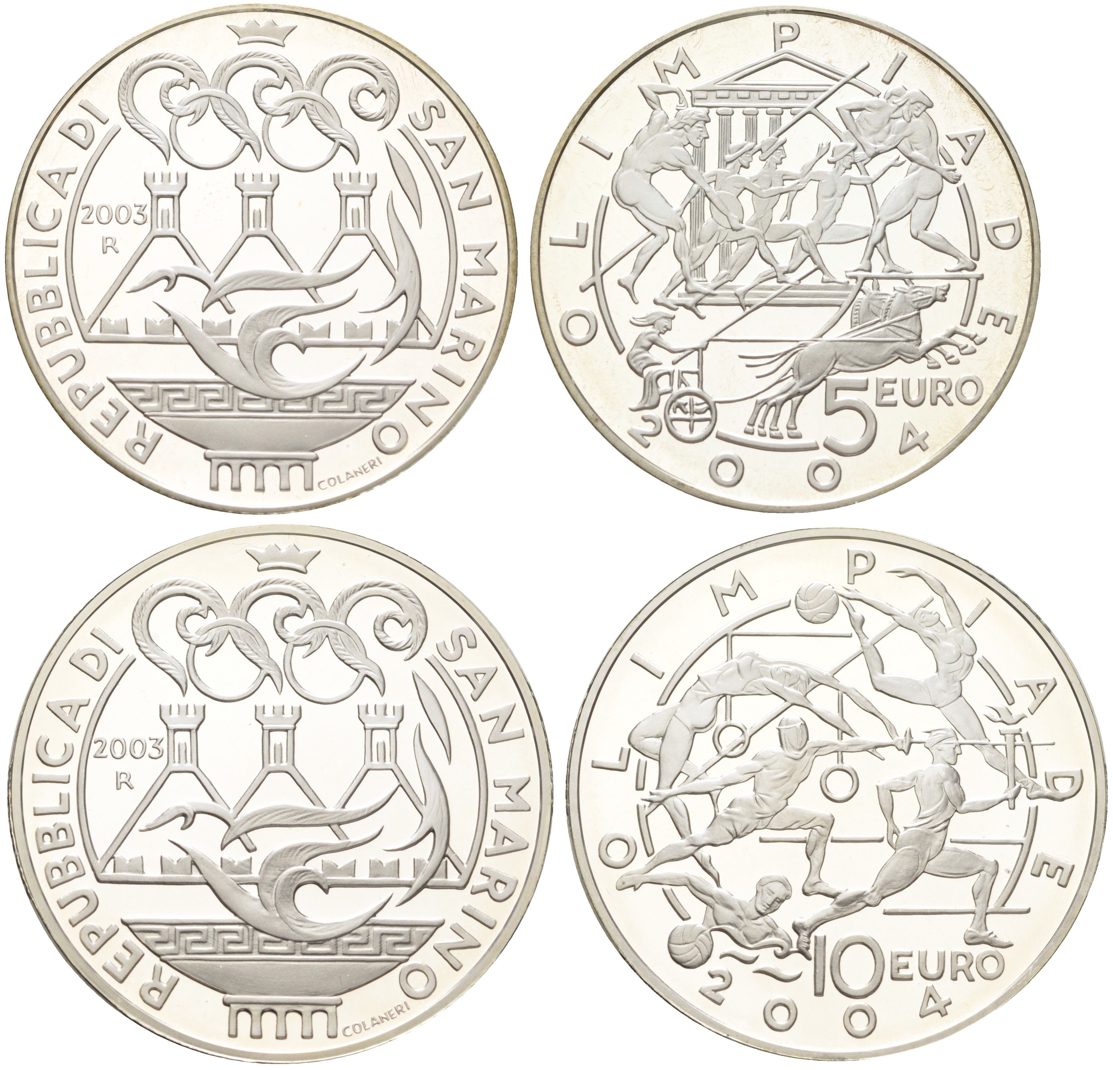 Сан-Марино набор из 2 монет (5 и 10 евро) 2003 XXVIII летние Олимпийские Игры, Афины 2004 KM 453 и 454 серебро PROOF 8-2-05-09