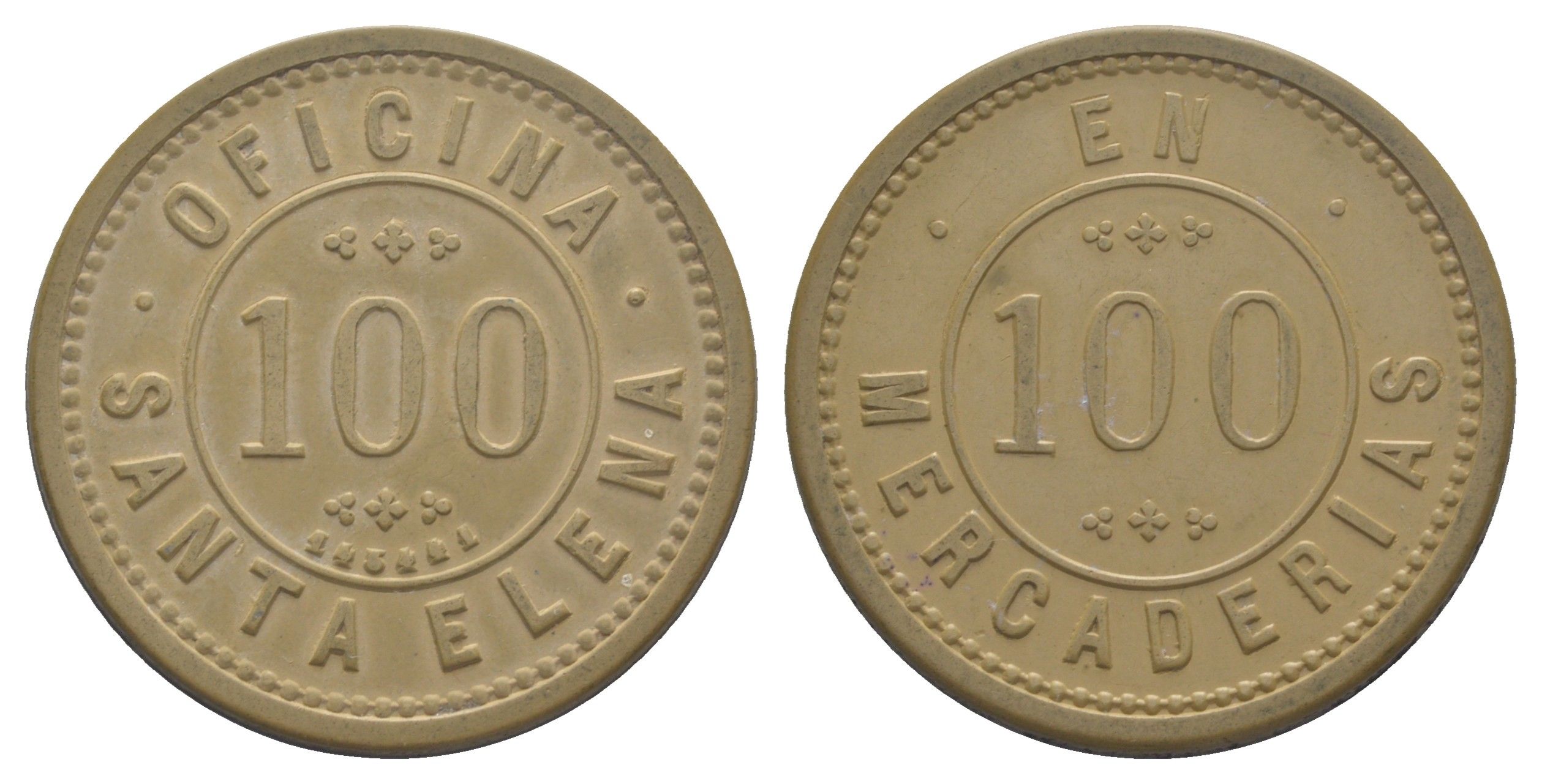 Чили, Санта-Элена (Santa-Elena), La noria шахтерский жетон с Селитряного рудника для покупки в местных магазинах, номиналом в 100 сентаво около 1890 диаметр 40,5 мм, вес 5,73 гр Espinosa 297.4 эбонит (охра) 01-238-42