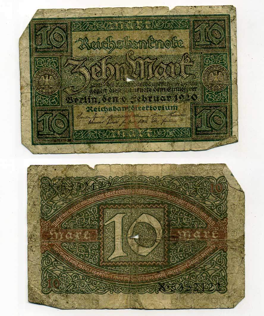 ГЕРМАНИЯ 10 МАРОК 1920 6 ФЕВРАЛЯ 1920, БУКВА K, СЕРИЯ X, СЕМЬ ЦИФР В НОМЕРЕ СЕРИИ Pick 67a, Rosenberg 63а бумага 7146-50-2-2
