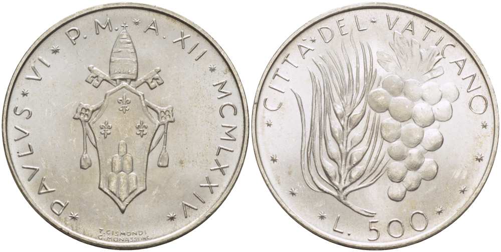 Ватикан 500 лир 1974 XII год, Павел VI (1963-1978), пшеница и виноград KM 123 серебро  UNC  4512-743