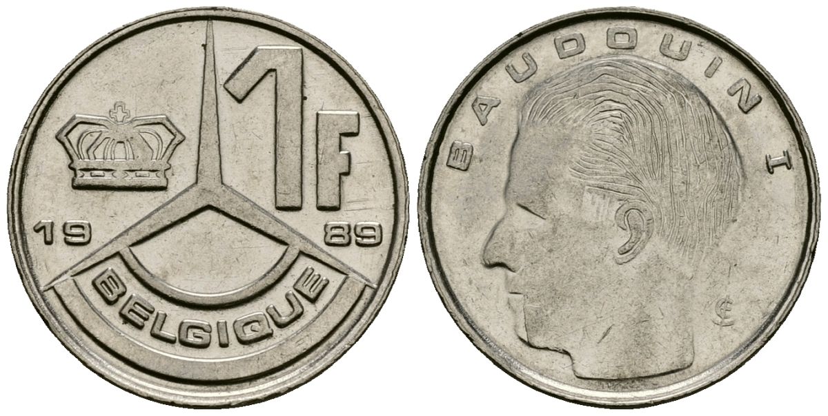 Бельгия 1 франк 1989 Belgique, Бодуэн I (1951-1993) KM 170 железо плакированное никелем 4136-737