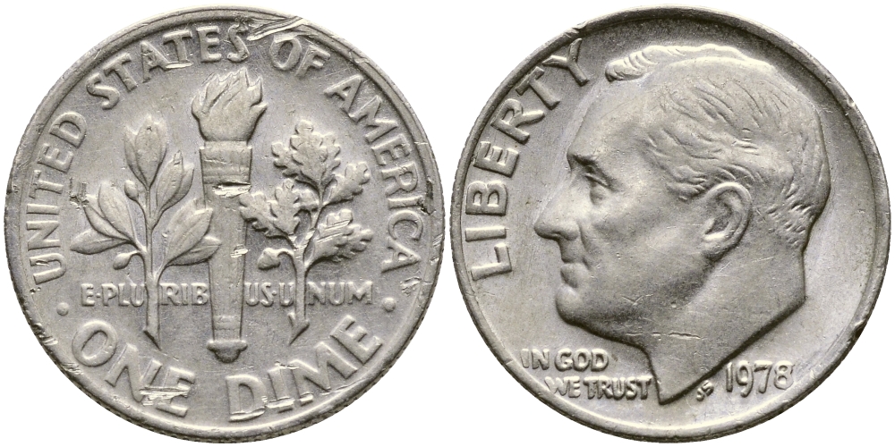 США 10 центов (дайм) 1978 Рузвельт KM 195а медь плакированная медно-никелем  54-348