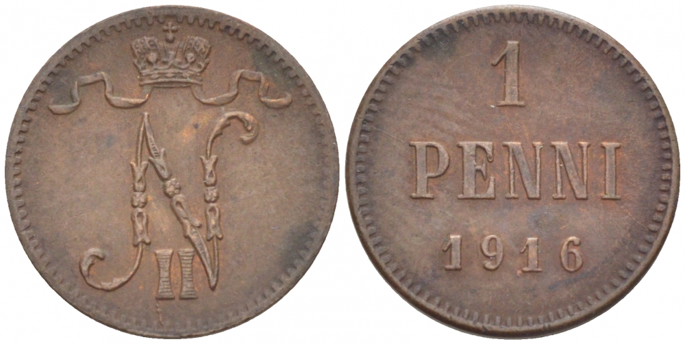 РОССИЯ ДЛЯ ФИНЛЯНДИИ 1 ПЕННИ 1916 НИКОЛАЙ II (1895-1917) KM 13, Биткин 476 медь 211-1021
