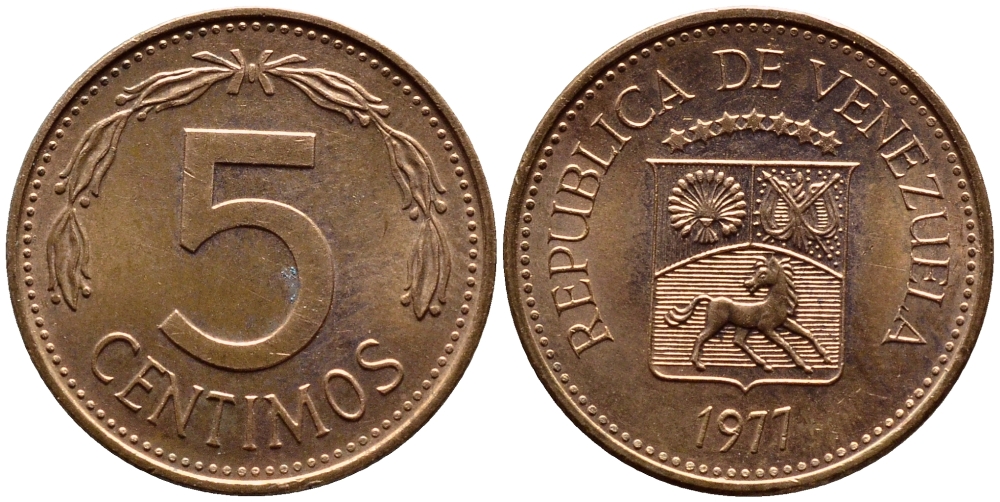 Венесуэла 5 сентимо 1977 KM 49 сталь плакированная медью 4392-943
