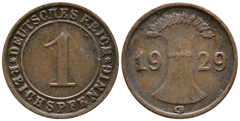 ГЕРМАНИЯ 1 РЕЙХСПФЕННИГ 1929 G KM 37, J. 313 бронза 39-1019