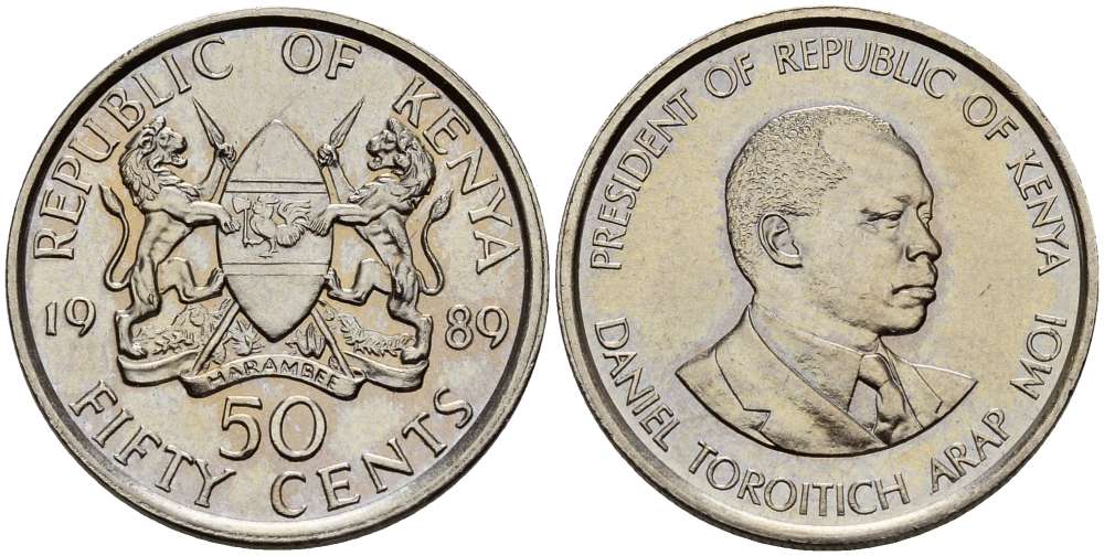 Кения 50 центов 1989 Дэниэл арап Мои KM 19 медно-никель UNC 4511-1132