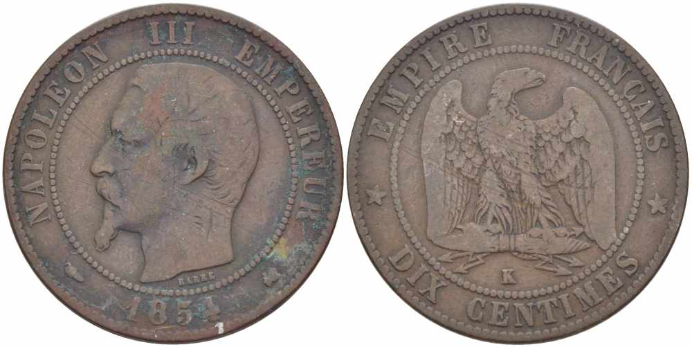 ФРАНЦИЯ 10 САНТИМОВ 1854 K, НАПОЛЕОН III (1852-1870) KM 771.5, LE FRANC 133.15 бронза 38-925
