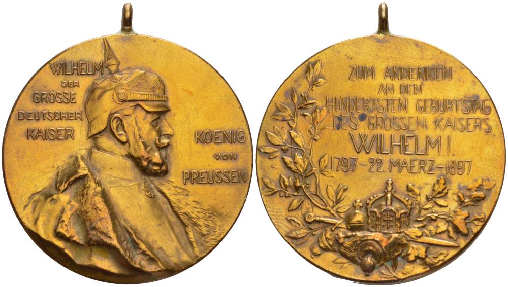 ПРУССИЯ МЕДАЛЬ 1897 100-ЛЕТИЕ ВЕЛИКОГО НЕМЕЦКОГО ИМПЕРАТОРА И КОРОЛЯ ПРУССИИ ВИЛЬГЕЛЬМА I (1797-1897), ДИАМЕТР 40 ММ., С УШКОМ ДЛЯ НОШЕНИЯ бронза 1084-9-14