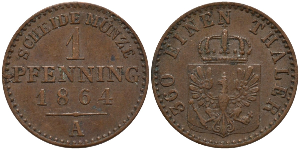 Пруссия 1 пфенниг 1864 А, Вильгельм I (1861-1888) KM 480 медь 4532-438