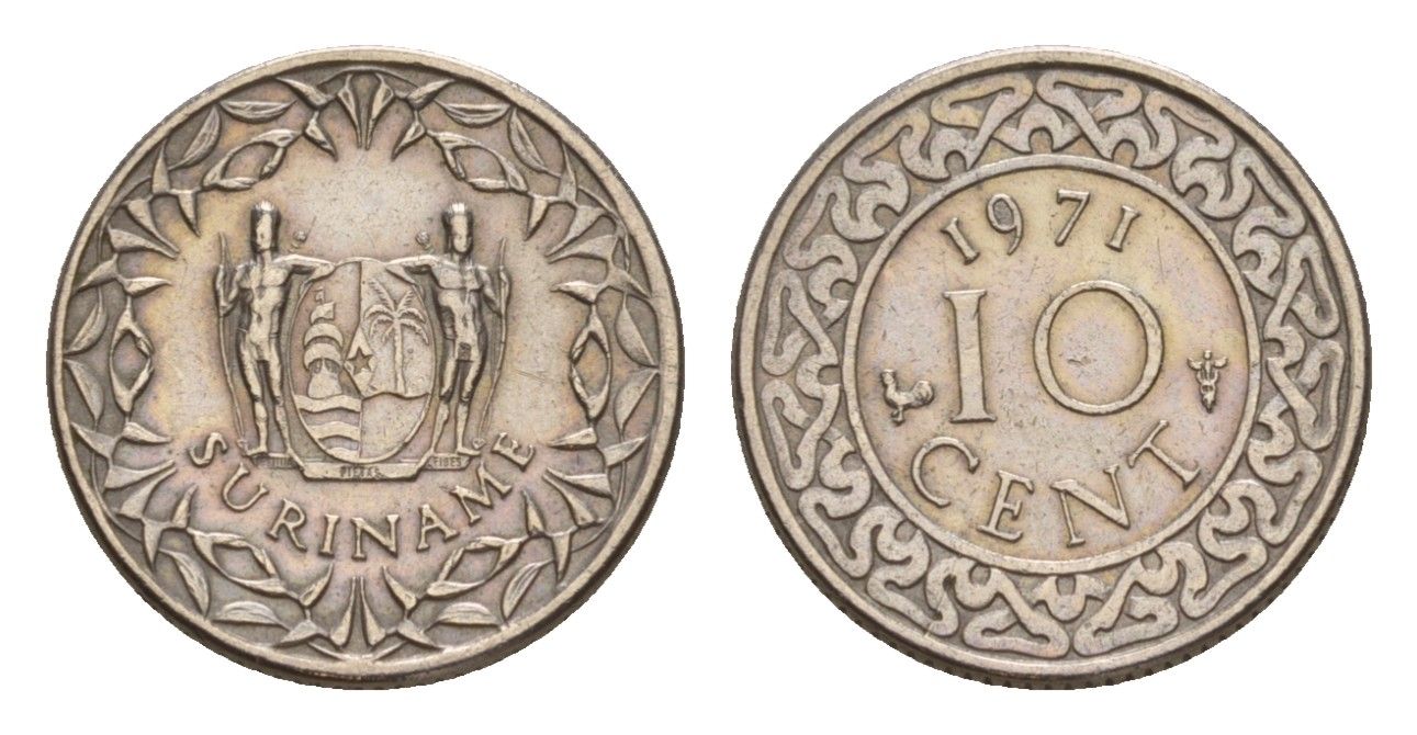 Суринам 10 центов 1971 KM 13 медно-никель 4649-964