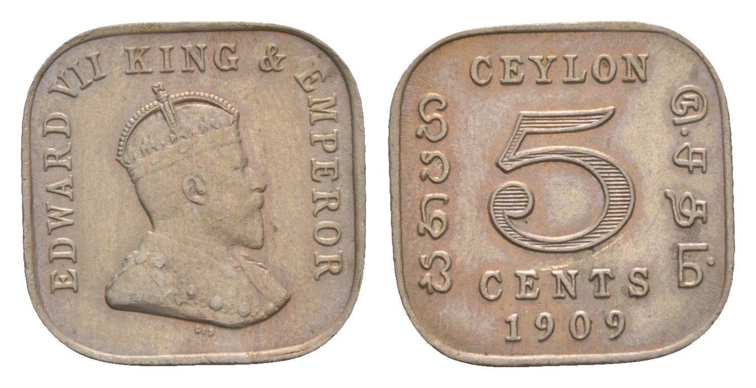 Цейлон 5 центов 1909 Эдуард VII (1901-1910) KM 103 медно-никель UNC 1518-722