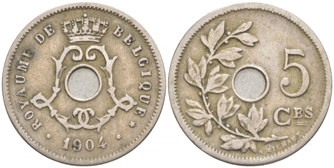 БЕЛЬГИЯ 5 САНТИМОВ 1904 BELGIQUE KM 54 медно-никель 100-511