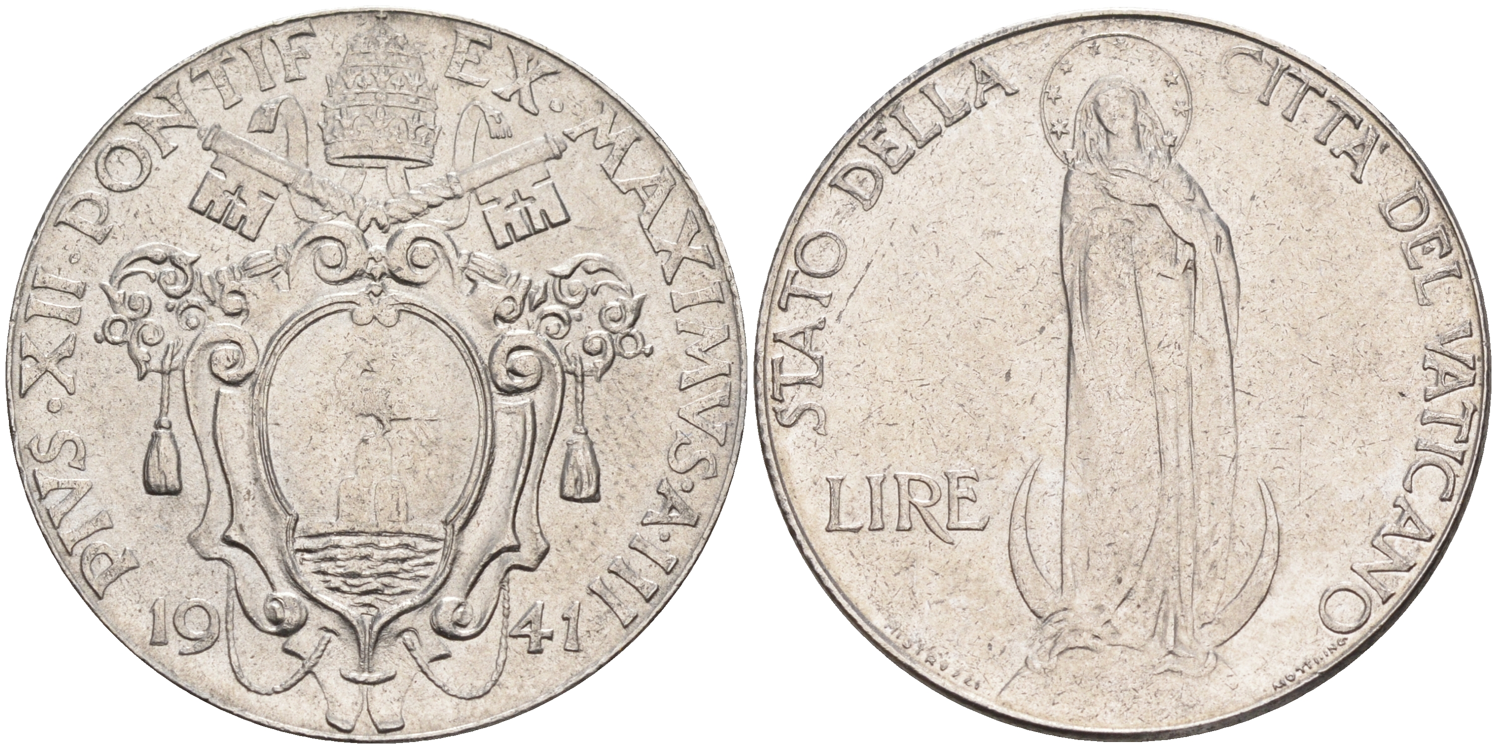 Ватикан 1 лира 1941 Пий XII, Дева Мария KM 26 a сталь UNC 63-1026