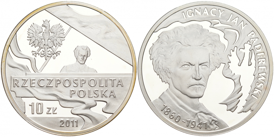 Польша 10 злотых 2011 MW, 70 лет со дня смерти Игнация Яна Падеревского пианиста, композитора KM 790 серебро PROOF 11-012-13