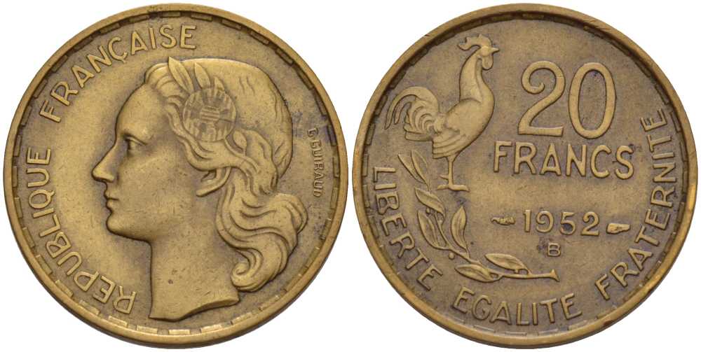ФРАНЦИЯ 20 ФРАНКОВ 1952 В, ПЕТУХ, 4 ПЕРА В ХВОСТЕ KM 917.2, LE FRANC 402.10 алюминиевая бронза 117-913