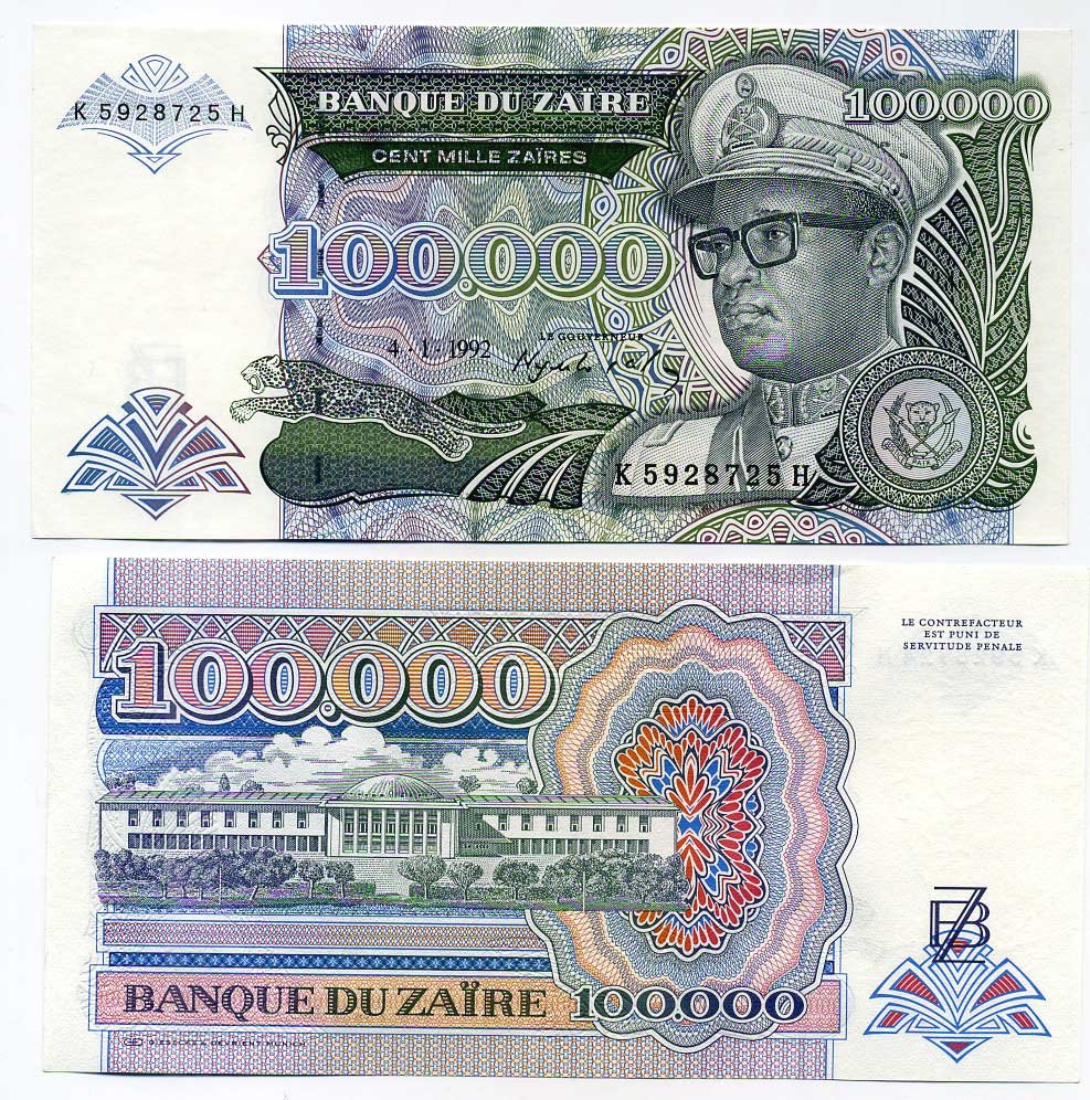 Заир 100000 заиров 1992 Мобуту Сесе Секо в военной форме, Национальное собрание Pick 41 бумага UNC (пресс) 448-47-2