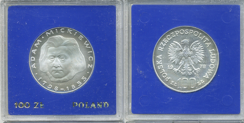 Польша 100 злотых 1978 MW, Адам Мицкевич (1798-1855), в оригинальной пластиковой упаковке KM 92 серебро PROOF 1069-2-22