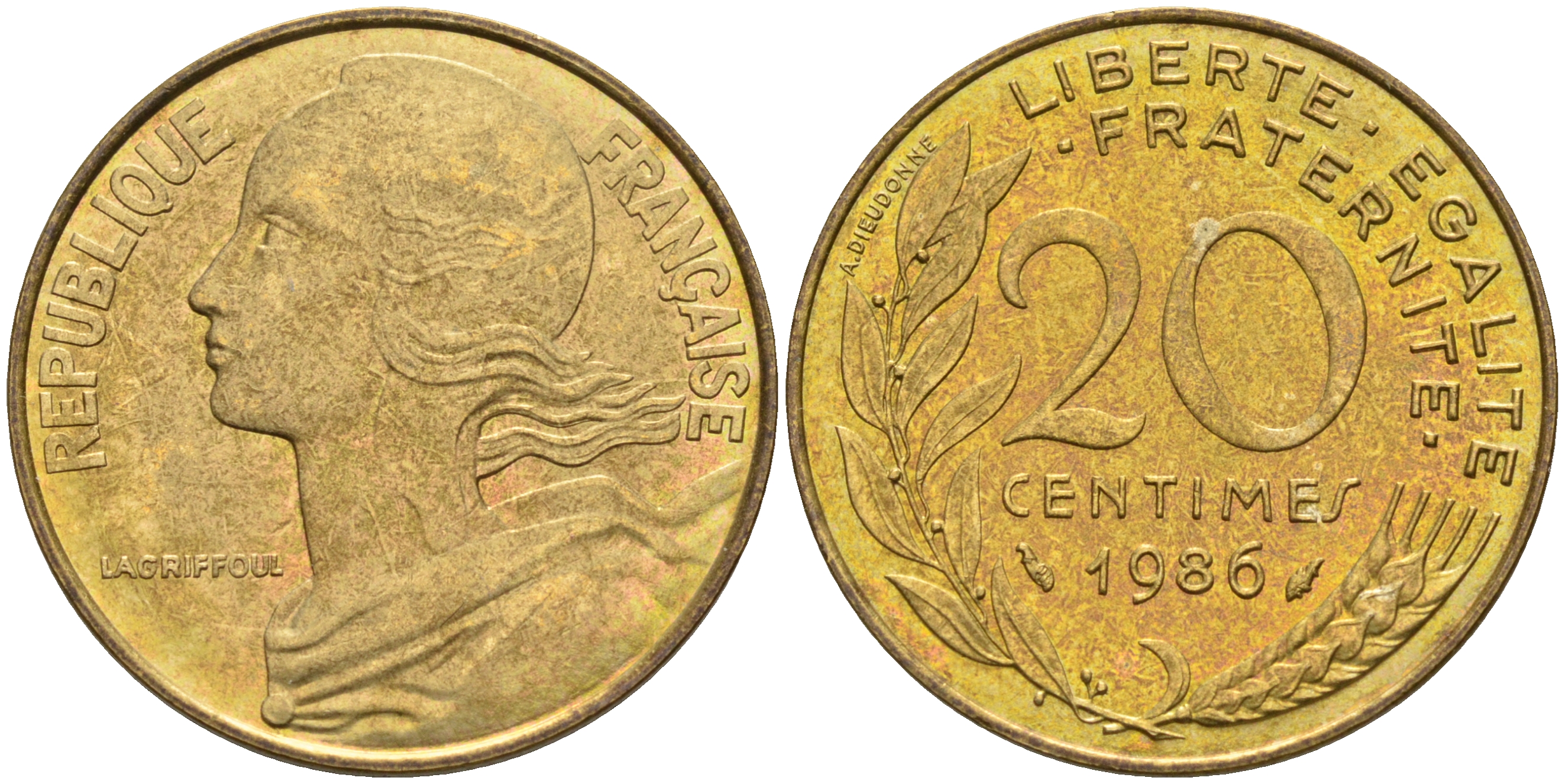 Франция 20 сантимов 1986 тип Марианна KM 930 медь алюминий никель 4116-542