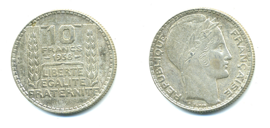 Франция 10 франков 1938 Пьер Тюрен KM 878, Le Franc 360.9 серебро 4385-941