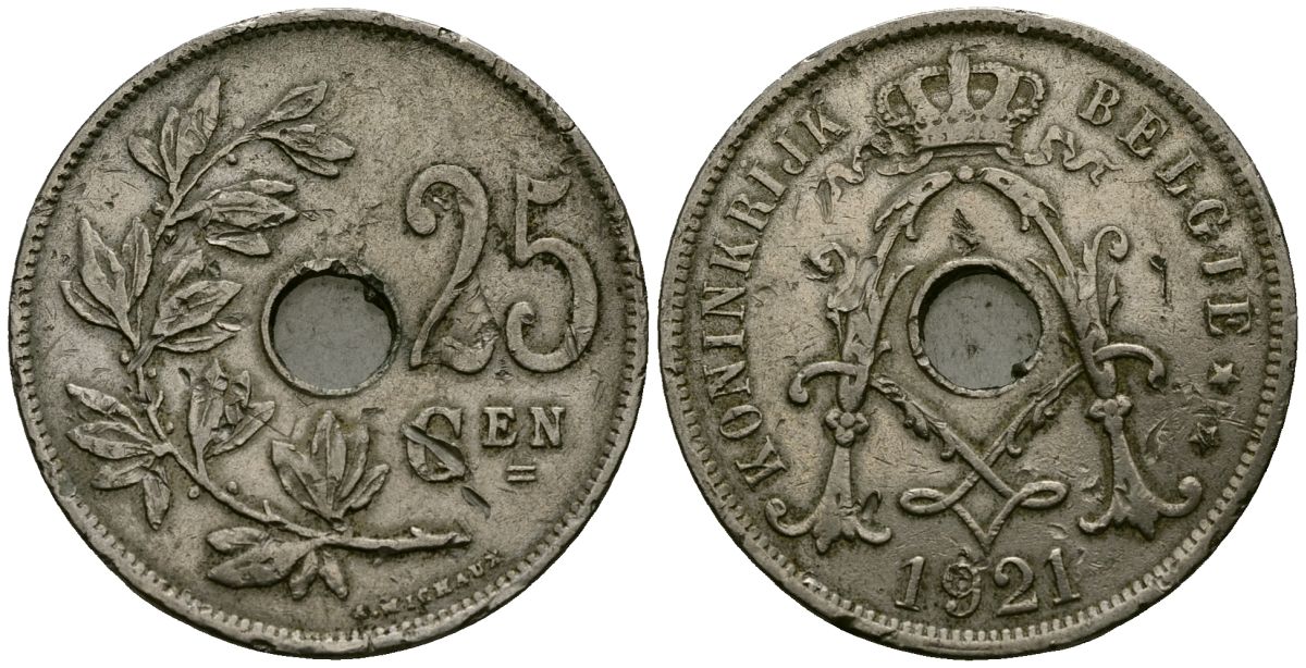 Бельгия 25 сантимов 1921 Belgie KM 69 медно-никель 4165-822