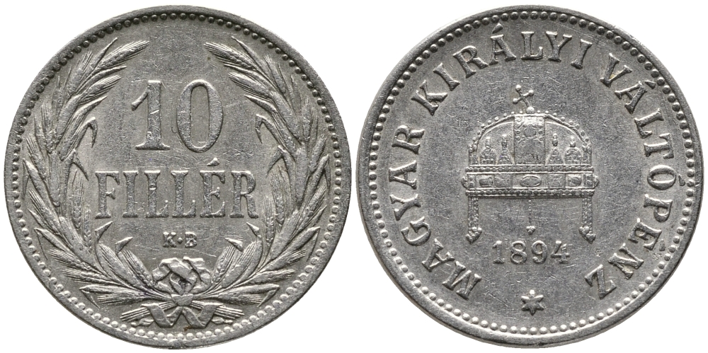 Венгрия 10 филлеров 1894 KB, Франц Иосиф I (1848-1916) KM 482 никель 100-452