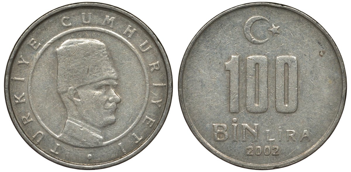 Турция 100000 лир 2002 Мустафа Кемаль Ататюрк KM 1106 медь никель цинк 4122-252