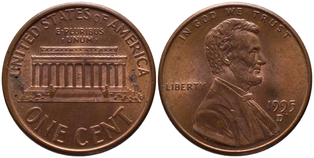 США 1 ЦЕНТ 1995 D, ЛИНКОЛЬН KM 201b цинк плакированный медью 66-1047
