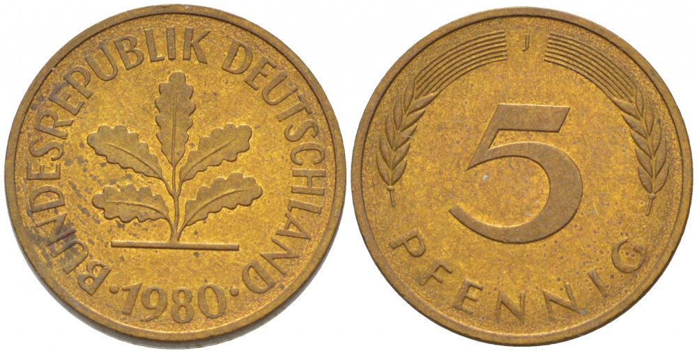 ФРГ 5 ПФЕННИГОВ 1980 J KM 107, J. 382 сталь плакированная латунью 4396-1644