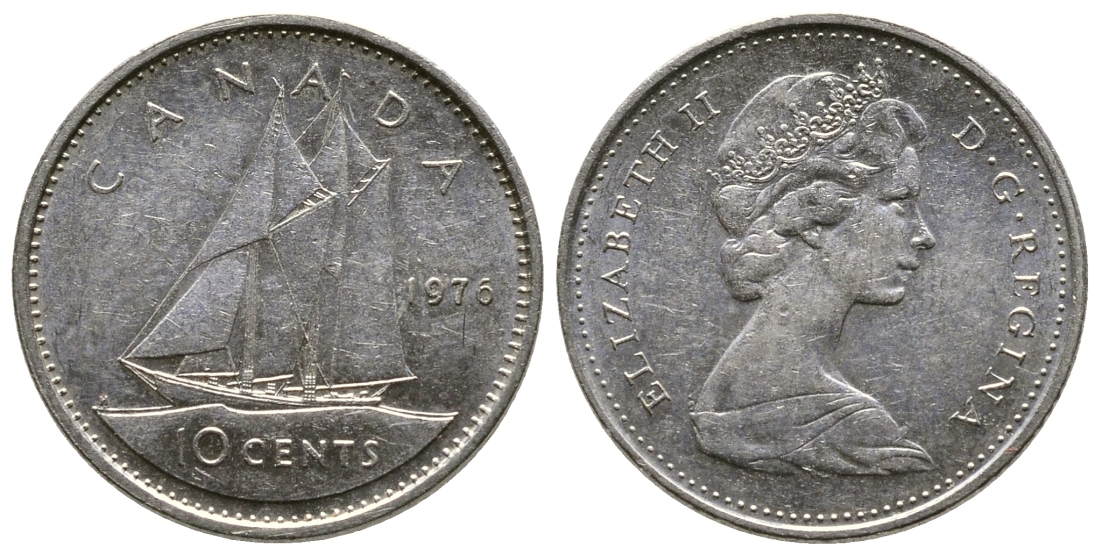 Канада 10 центов 1976 Елизавета II (1952-2022), парусник KM 77.1 никель 179-1065