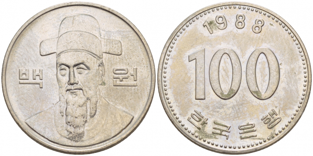 Южная Корея 100 вон 1988 Ли-Сунсин, корейский флотоводец KM 35.2 медно-никель 4548-556