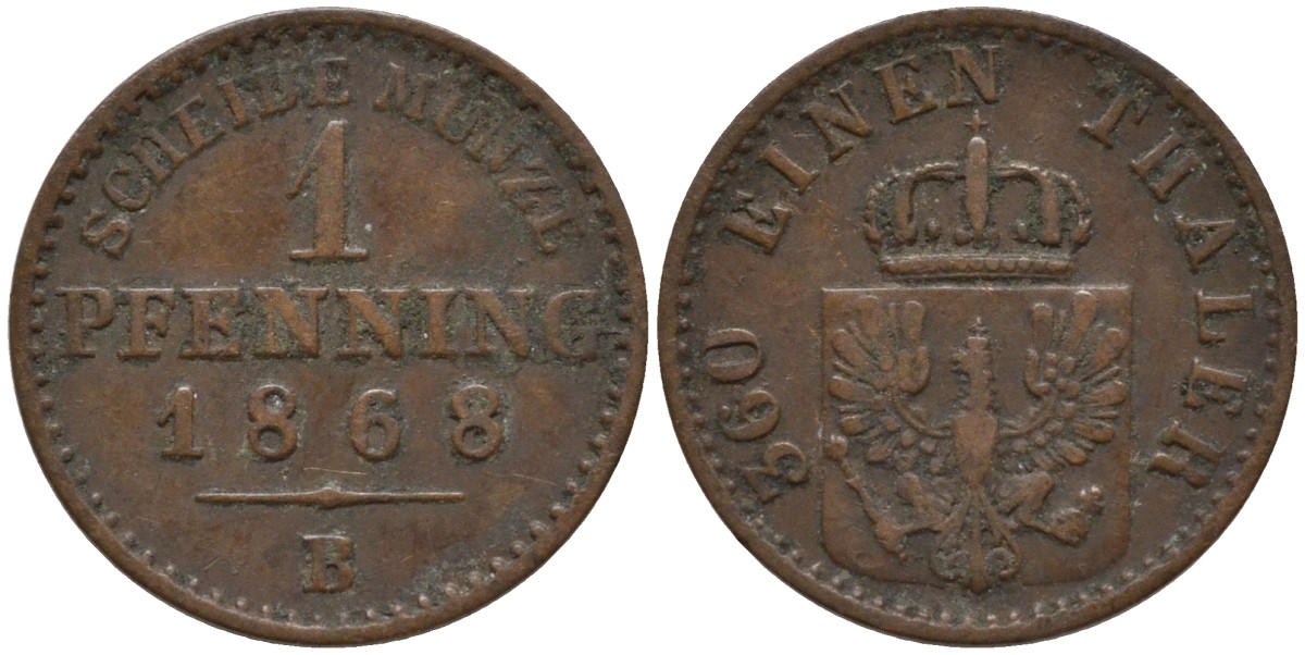 Пруссия 1 пфенниг 1868 В, Вильгельм I (1861-1888) KM 480 медь 4532-631