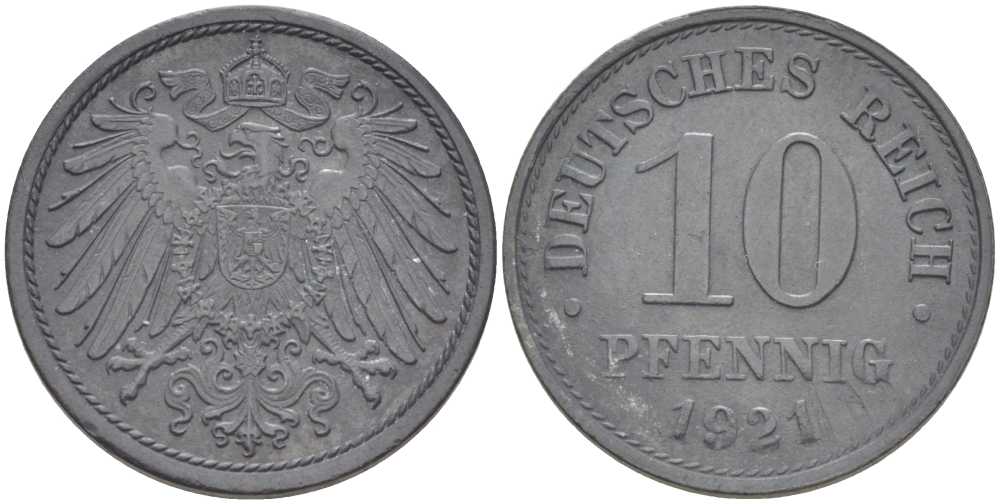 ГЕРМАНИЯ 10 ПФЕННИГОВ 1921 (1917-1922) KM 26, J. 299, Weege 8 цинк 210-257